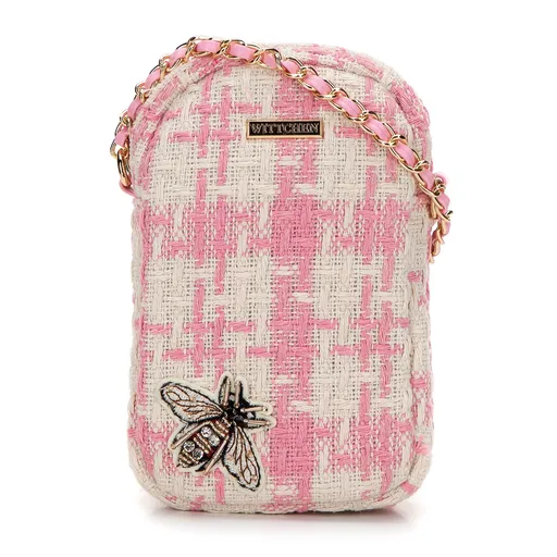 Malá látková kabelka do ruky s káro vzorom a trblietavým detailom ružová