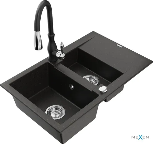 MEXEN/S MEXEN/S - Gaspar granitový drez 1.5 s odkvapkávačom vrátane batérie Savita, čierna/zlatá 6507-75-672601-70