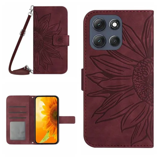 ART SUNFLOWER Peňaženkový kryt so šnúrkou pre Motorola Moto G56 5G bordový
