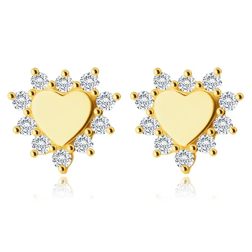 Zlaté 14K náušnice - malé srdiečko lemované lupeňmi kvetov, vykladané čírymi zirkónmi