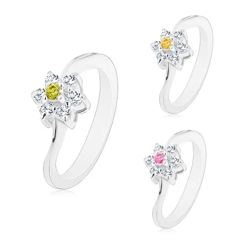 Prsteň s úzkymi zvlnenými ramenami, kvietok s farebným stredom - Veľkosť: 49 mm, Farba: Svetlozelená