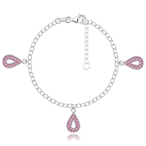 Náramok zo striebra 925 - tri slzičkové prívesky, ružové zirkóny