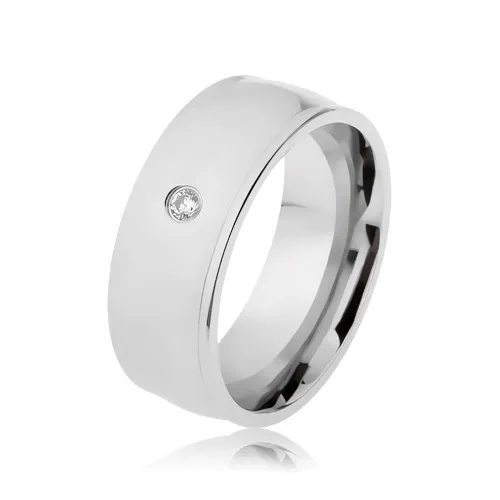 Prsteň z ocele 316L, strieborná farba, lesk, vyvýšené okraje, číry zirkón - Veľkosť: 57 mm