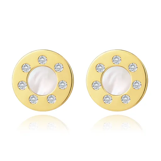 Puzetové náušnice v žltom 14K zlate - kruh, číre zirkóny, prírodná perleť