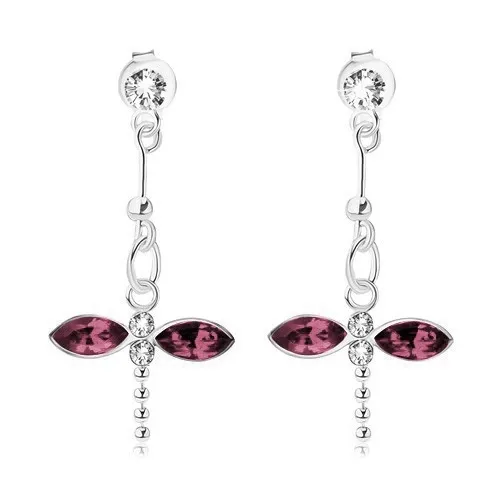 Strieborné náušnice 925, vážka z krištálikov Swarovski - fialový a číry odtieň