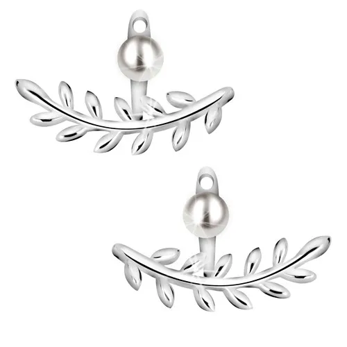 Náušnice zo striebra 925 - lesklá vetvička s listami, okrúhla perla bielej farby
