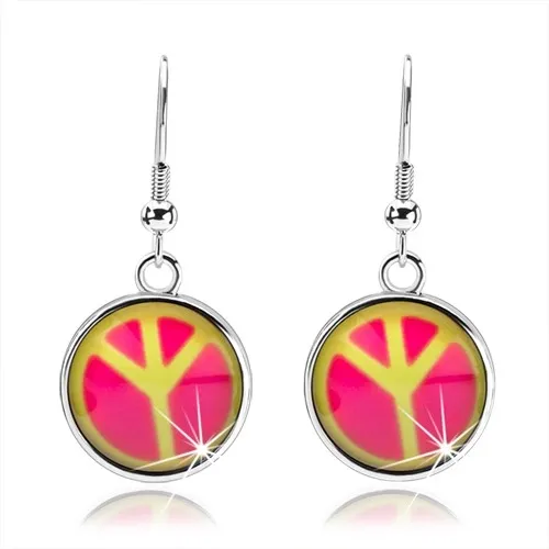 Kabošon náušnice s vypuklou glazúrou, symbol mieru, ružová a žltá farba