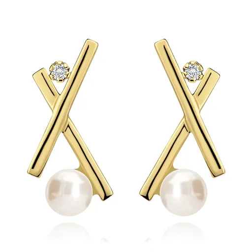 Zlaté náušnice 14K kultivovaná perla a zirkón v prekrížených líniách