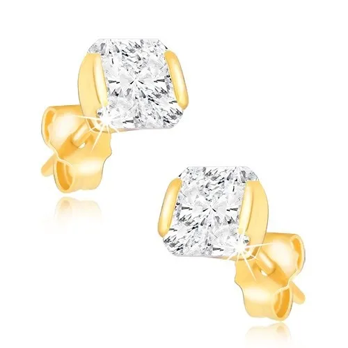 Zlaté napichovacie náušnice 14K štvorec so zirkónom v objímke