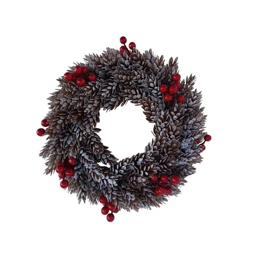Plastový veniec srienistý šišky a červené bobule, d. 26 cm