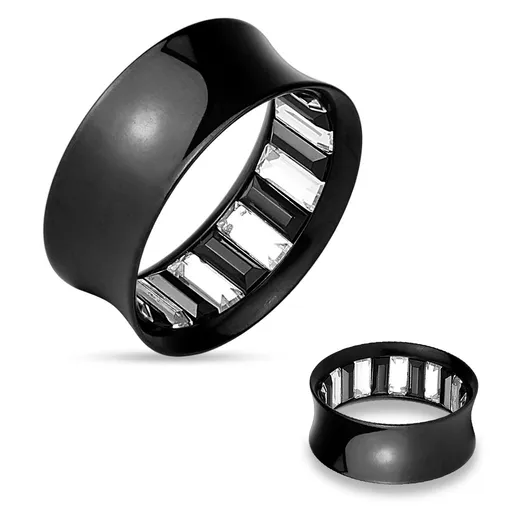 Tunel do ucha z chirurgickej ocele, vnútorná strana s čírymi a čiernymi zirkónmi - Hrúbka: 10 mm