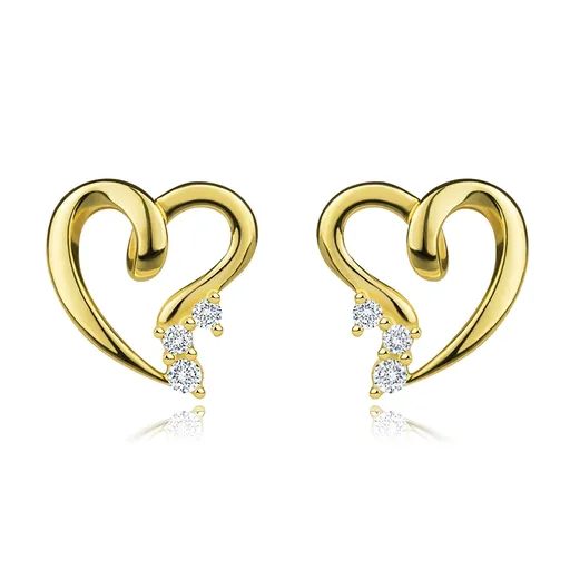 Náušnice v žltom 585 zlate - asymetrický obrys srdca, číre zirkóny