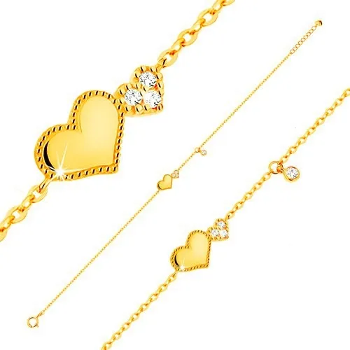 Náramok zo žltého 14K zlata - lesklé a trblietavé srdiečko, visiaci číry zirkónik