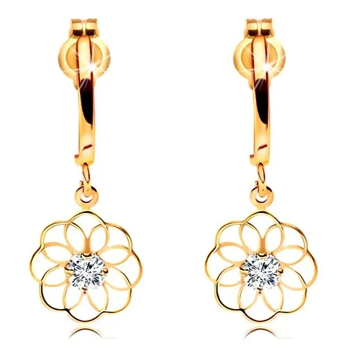 Náušnice zo žltého zlata 585 - lesklý oblúk a visiaci obrys kvetu so zirkónom