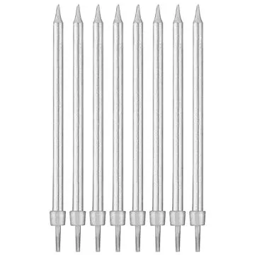 Narodeninové sviečky strieborné s podstavcami dĺžka – 10 cm – 8 ks (5902973129953)