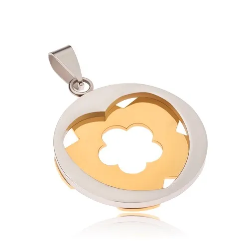 Oceľový prívesok - kruh striebornej farby so srdcovým výrezom, kvet zlatej farby