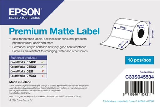 Epson C33S045534 Premium Matte, pre ColorWorks, 76x51mm, 650ks, biele samolepiace etikety