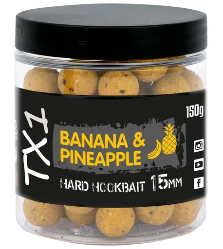 Shimano tvrdené boilies tx1 hard hookbait banana & pineapple 150 g - 15 mm