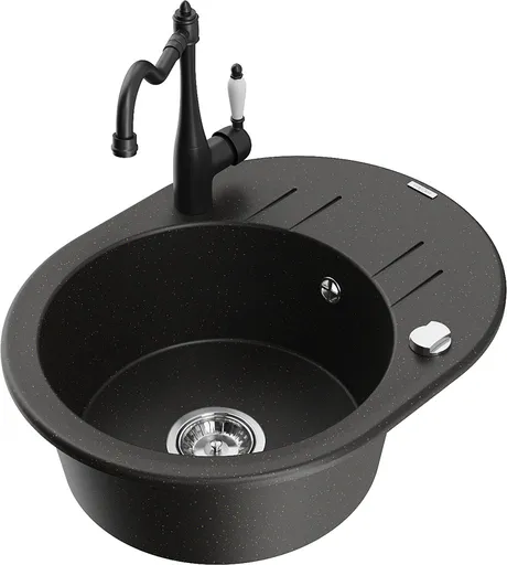 MEXEN/S MEXEN/S - Kevin granitový drez 1-miska s odkvapkávačom vrátane batérie Carla, čierna/zlatá metalik 6517-75-670700-70