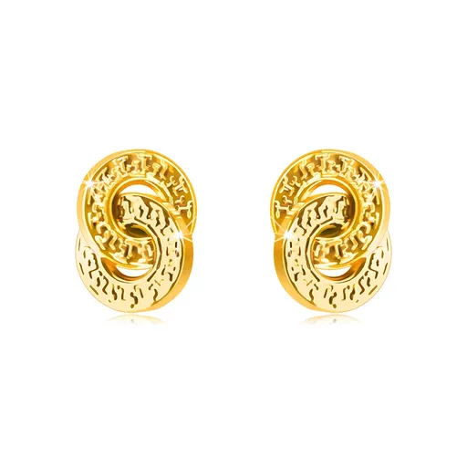 Náušnice z 9K zlata - dva prepletené kruhy s ozdobným ryhovaním, lesklý povrch