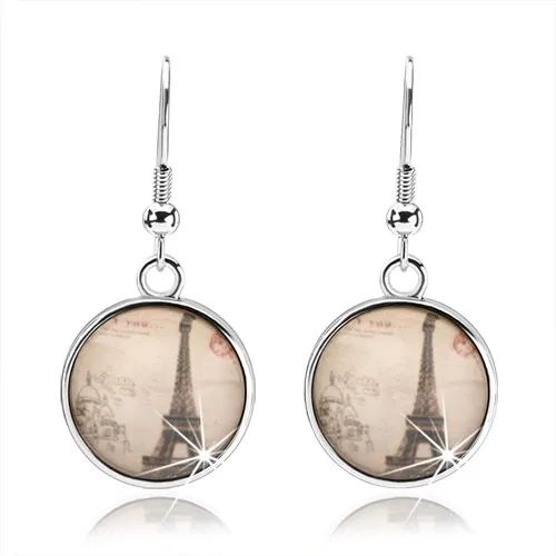 Okrúhle kabošon náušnice, vypuklé sklo, Eiffelova veža, béžové pozadie