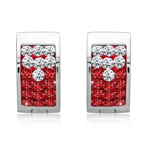 Oceľové náušnice - strieborná farba, červený pás vykladaný čírymi a červenými zirkónmi
