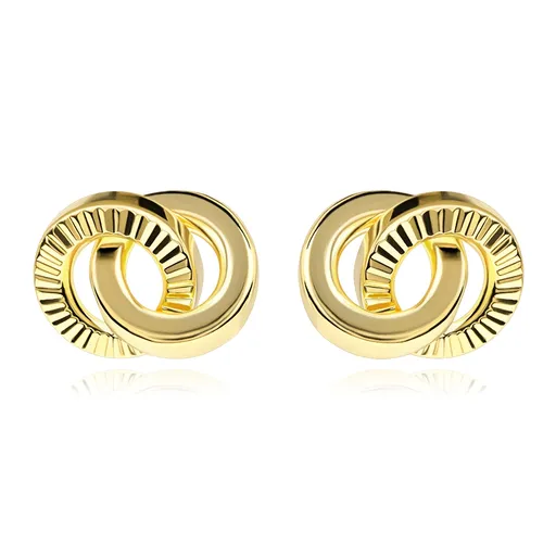 Zlaté náušnice 9K prepletené prstence s vrúbkovaným a hladkým povrchom