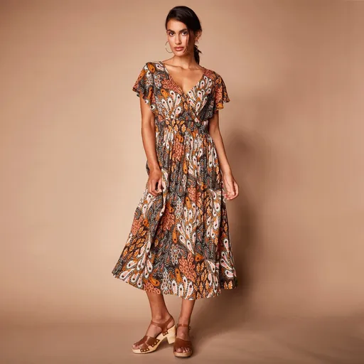 Krepónové midi šaty s potlačou a zavinovacím výstrihom