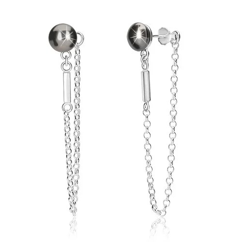 Strieborné retiazkové náušnice 925 - polguľa hematitovej farby, retiazka, lesklý pásik