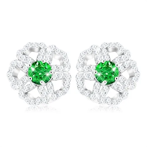 Strieborné 925 náušnice, trblietavý zirkónový kvietok so zeleným stredom