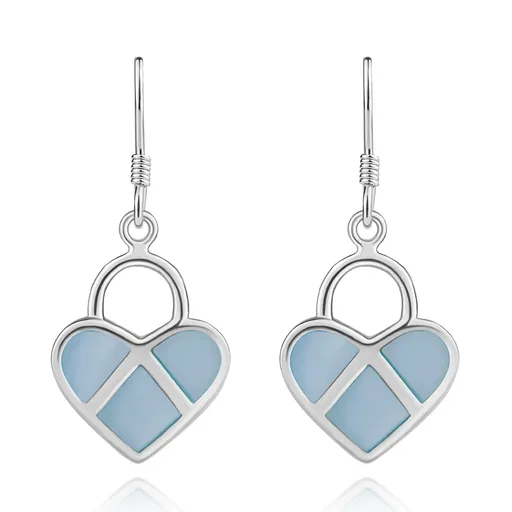 Strieborné 925 náušnice, symetrické srdce, modrá perleť, strieborné línie