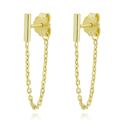 Náušnice v 925 striebre, zlatá farba - palička, retiazka spojená s brzdítkom