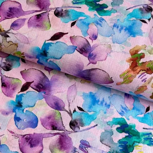 Ľan s bavlnou Aquarel leaves RAMIE purple digital print