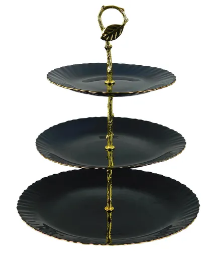 MAKRO - Etažérka 3-poschodová, prevedenie čierno zlatá farba, keramika, 19cm, 23cm,29cm