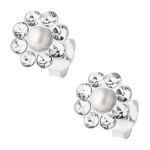 Strieborné 925 náušnice, kvietok s perličkou a čírymi krištálikmi Preciosa