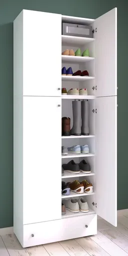 VCM Botník Lona XXL s 9 přihrádkami, otočné dveře, se zásuvkou, bílá