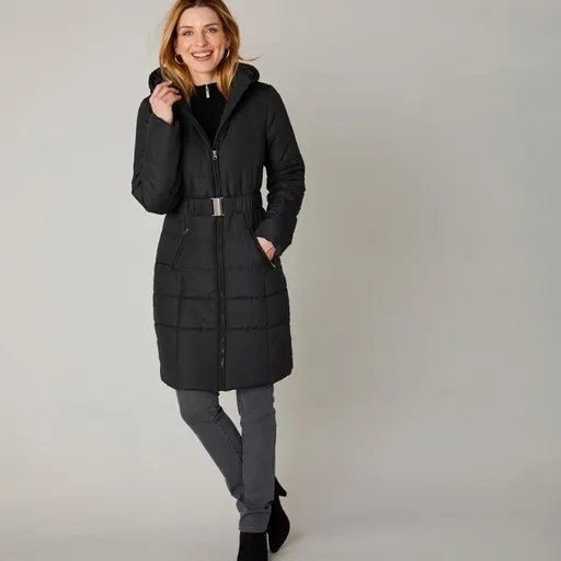 Dlhá nepremokavá prešívaná bunda s opaskom, na zips