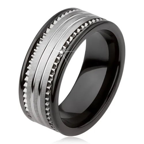 Tungstenová keramická čierna obrúčka s povrchom striebornej farby a prúžkami - Veľkosť: 49 mm