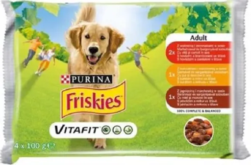 Friskies Adult hovadzie a zemiaky kura a mrkva jahňa a mrkva šťava 4 x 85 g