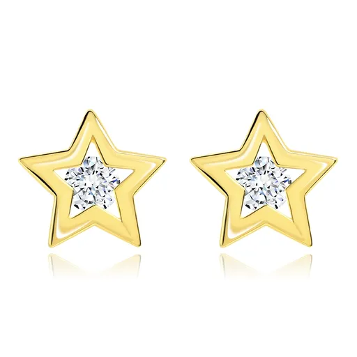 Briliantové náušnice zo žltého 14K zlata - obrys hviezdičky, číry diamant