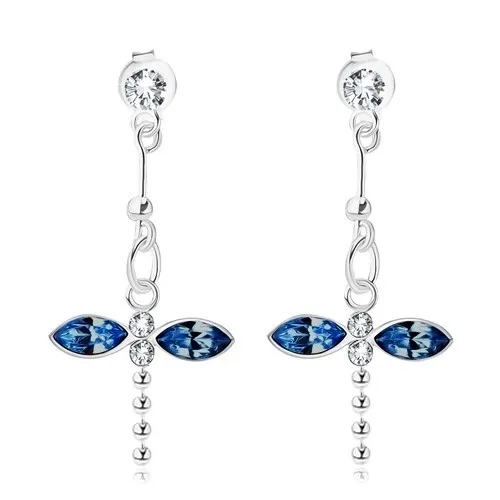 Strieborné 925 náušnice, visiaca vážka, modré a číre krištále Swarovski