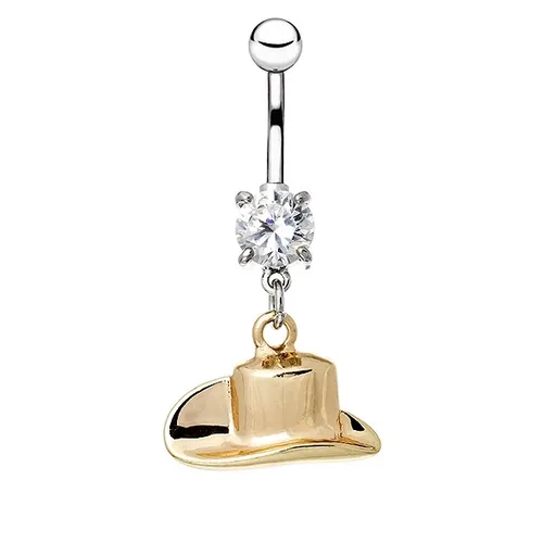 Oceľový piercing do pupku - kovbojský klobúk v zlatej farbe