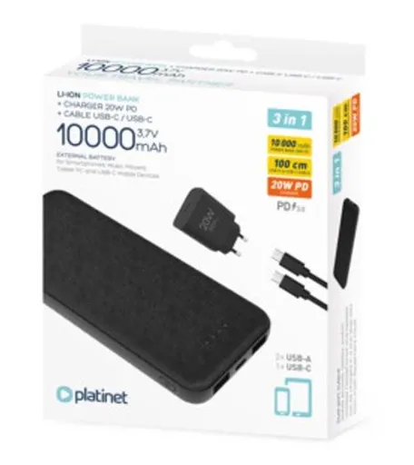 PLATINET POWER BANK 10000 mAh + PD CHARGER 20W + USB-C kábel čierna