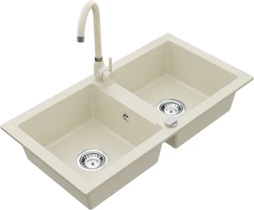 MEXEN/S MEXEN/S - Mario granitový drez 2-bowl vrátane batérie Telma, béžováy 6504-69-670200-69