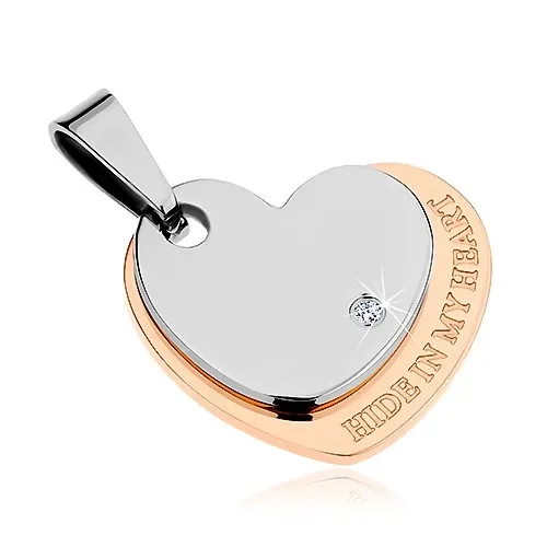 Prívesok z ocele 316L, srdiečka striebornej a medenej farby, zirkón, nápis