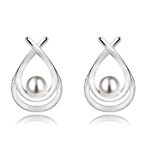 Strieborné náušnice 925 - dvojitá kontúra kvapky s perlou, prekrížené línie