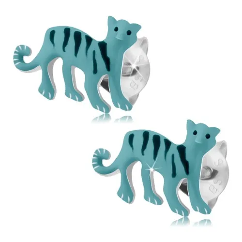 Puzetové náušnice, striebro 925, svetlomodrý tiger s čiernymi pásikmi