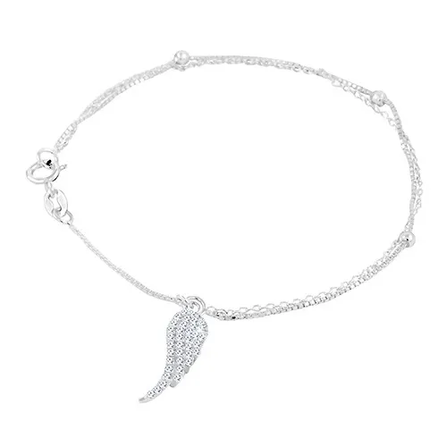 Strieborný 925 náramok s dvojitou retiazkou, trblietavé anjelské krídlo, guličky