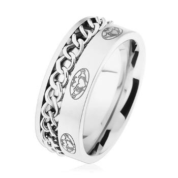 Oceľový prsteň, retiazka, strieborná farba, matný povrch, ornamenty - Veľkosť: 59 mm