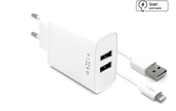 Töltő adapter FIXED Smart Rapid Charge 2 x USB + 1m USB to Lightning MFI kábel - 15W, fehér